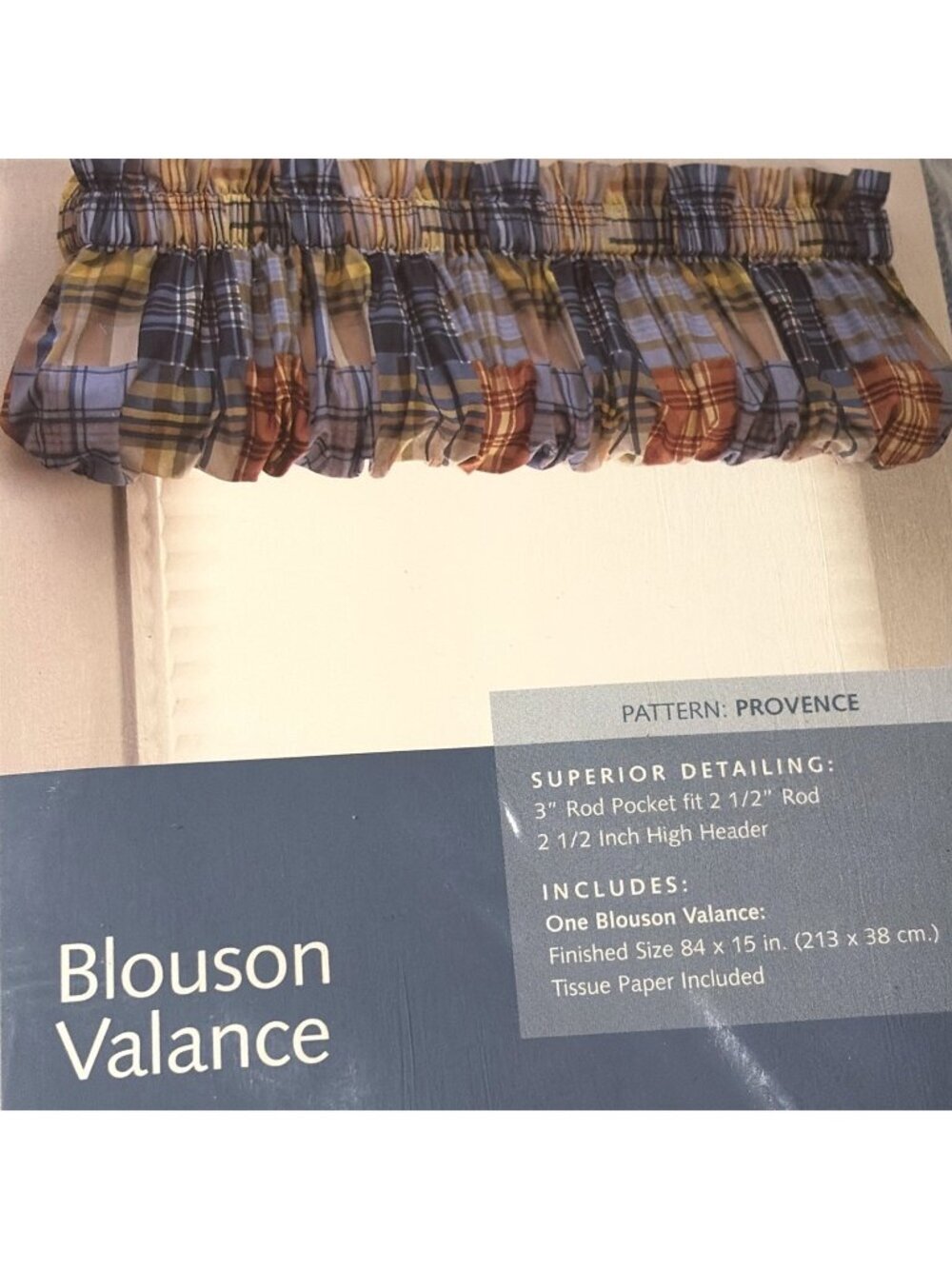 VTG SEARS Whole Home Blouson Valance Periwinkle Blue Plaid Provence 84X15" NEW